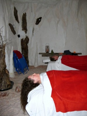 Sheryl and Chris receive couples' massage at the Salt Cave at Pyramid in Rutland