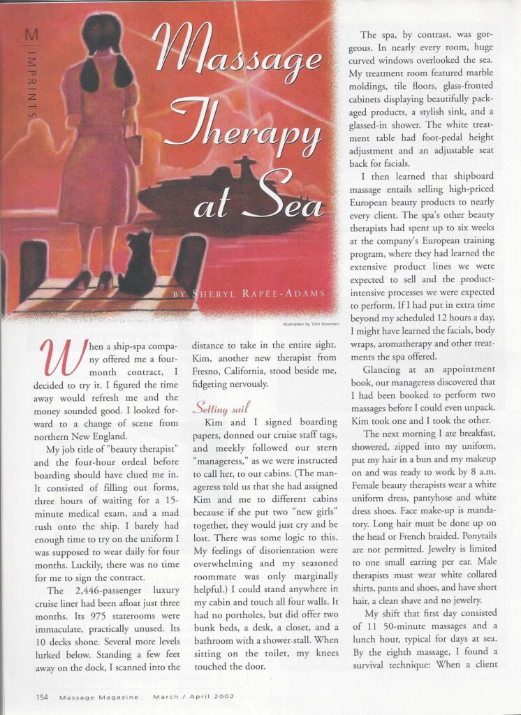 Scan of an article from Massage magazine, March–April 2002, "Massage Therapy at Sea," by Sheryl Rapée-Adams