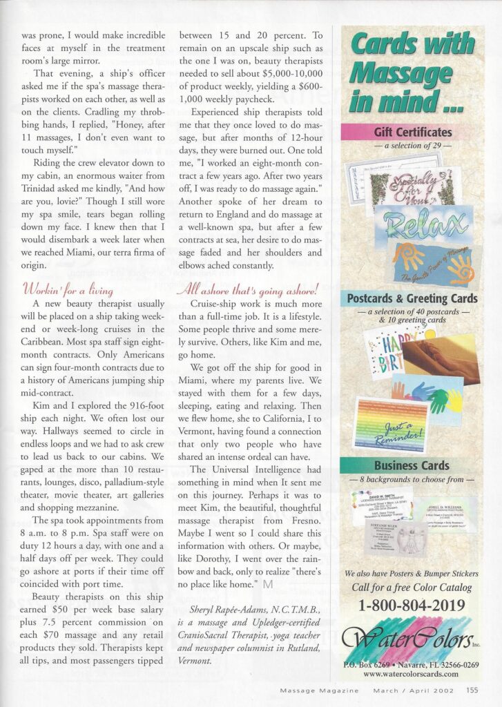 Scan of an article from Massage magazine, March–April 2002, "Massage Therapy at Sea," by Sheryl Rapée-Adams